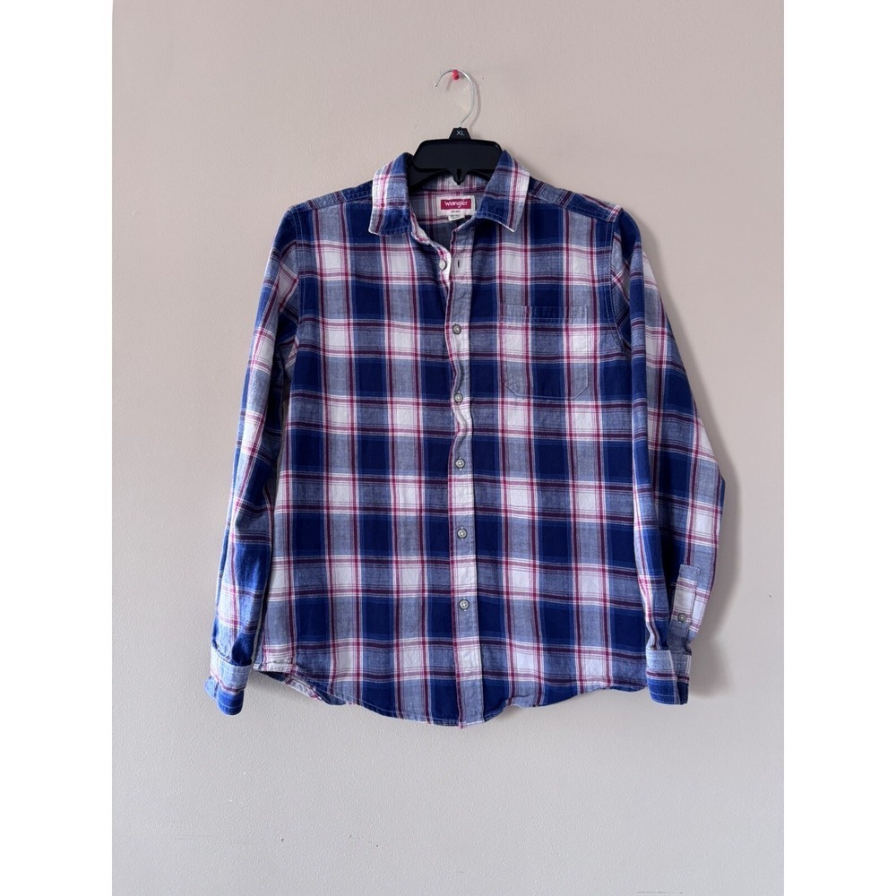 Wrangler Jeans Co. Boys Red / Blue Button Up Shirt Size XL 14-16 Pocket, EUC